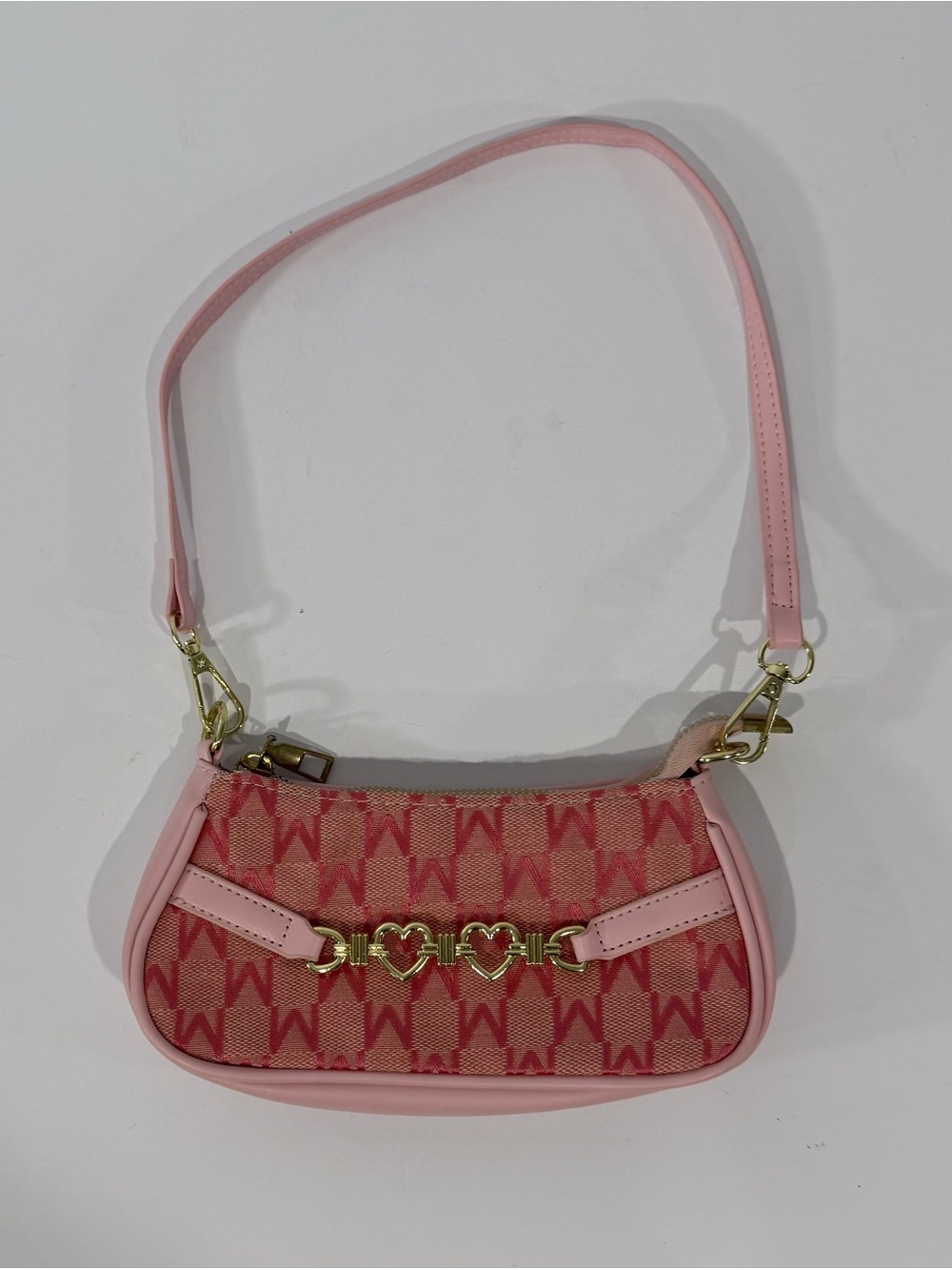 Pink coquette Y2K monogram shoulder bag with gold interlocking heart detail